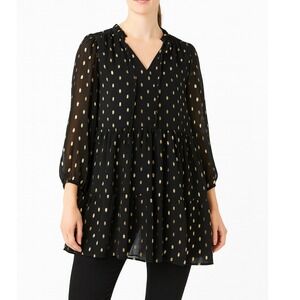 LOFT Outlet Petite MP Black Gold Metallic Dot Tiered Tunic  Blouse‎ Dressy Lq